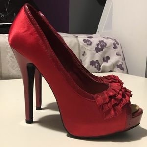 Call it Spring Red Peep Toe High Heels 5” heel, size 8 Ruffle Detail